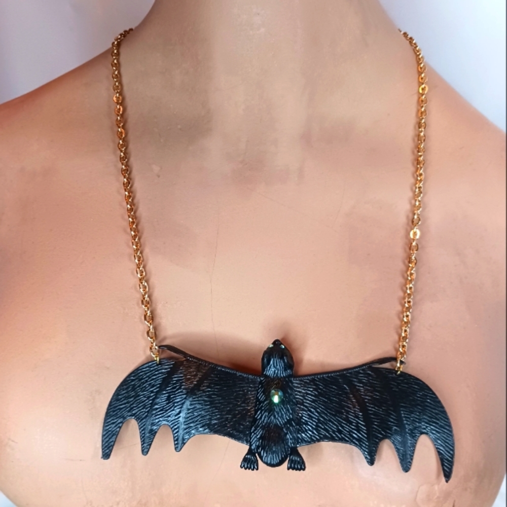 Large Black Bat Necklace with Rhinestones.